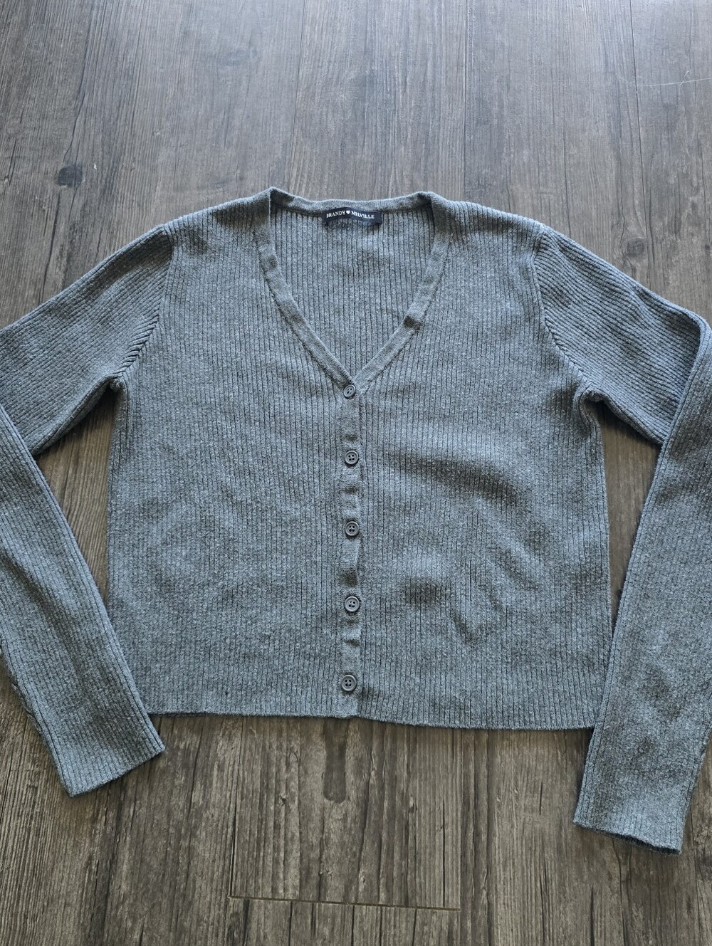 Brandy Melville Gray Solid Rib Knit V-Neck Button Front Cardigan Sweater